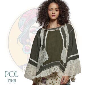 T646 POL Olive Green & Cream Lace Double Gauze Thermal Cotton Top